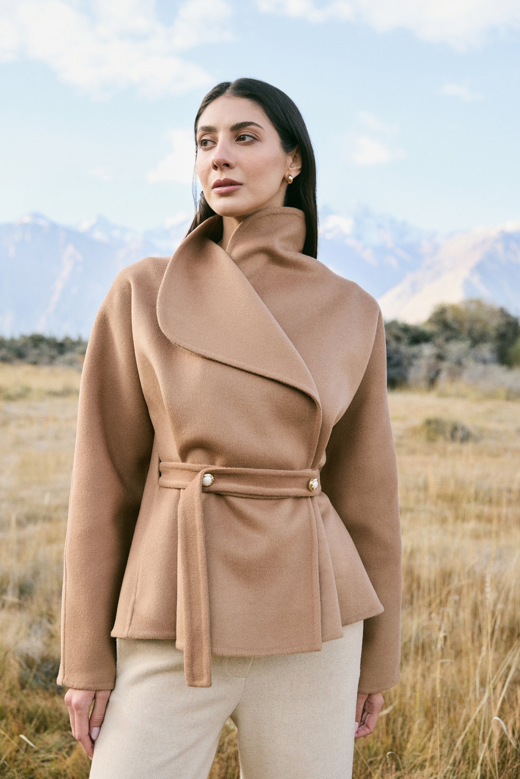 Cashmere-Silk-Merino Blend Wrap Coat (Warm Honey)