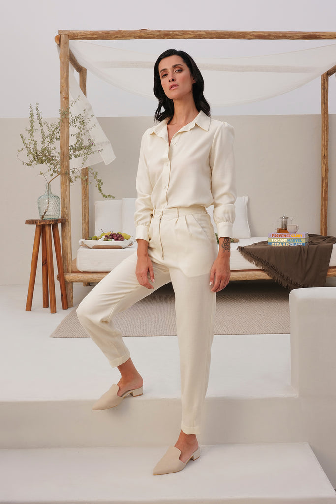 Ivory Tapered Carrot Pants | Front Belt With Button And Side Pockets