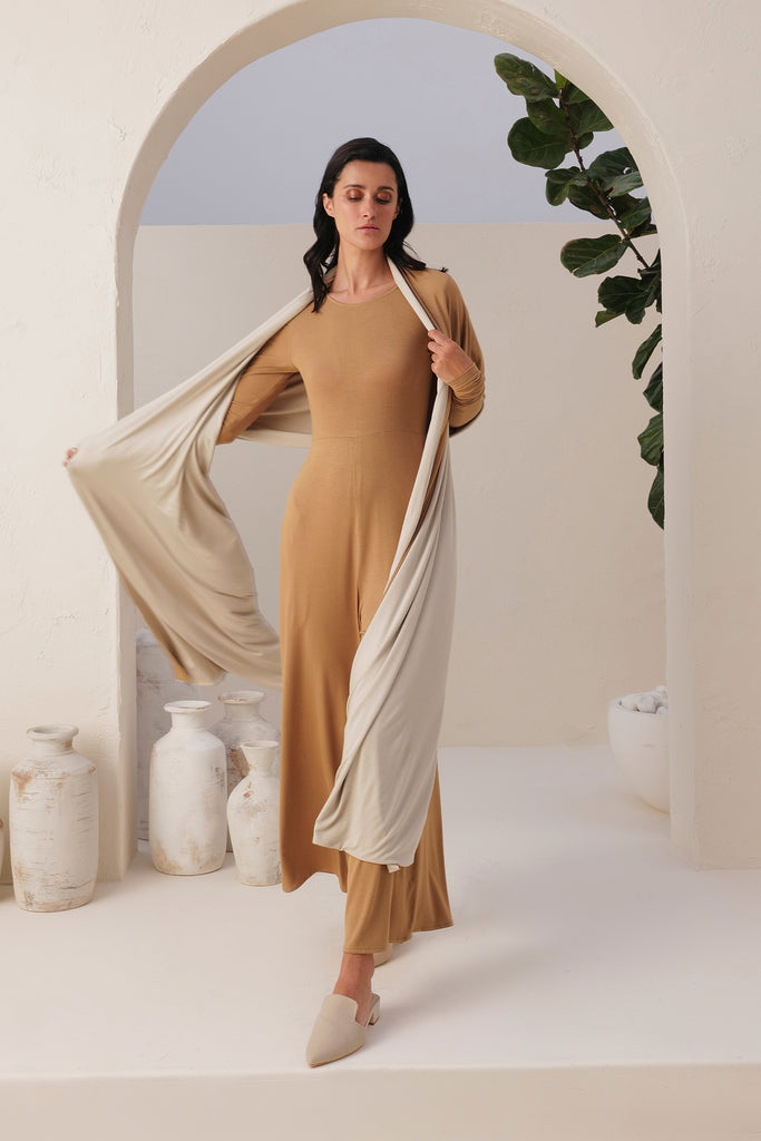 Sand Jumpsuit With Sand & Natural Reversible Shawl In Sand Skin Fabric