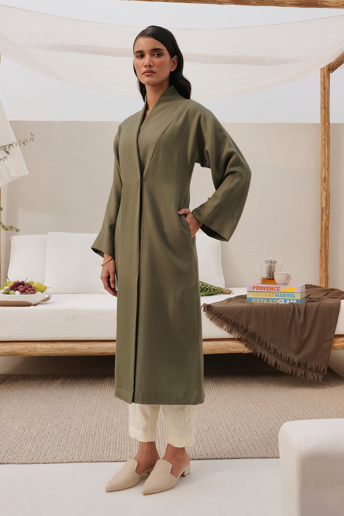 Moss Woollen Overlay In Wide Sleeves | Wide Sleeves Long Open Shrug Style Woollen Top