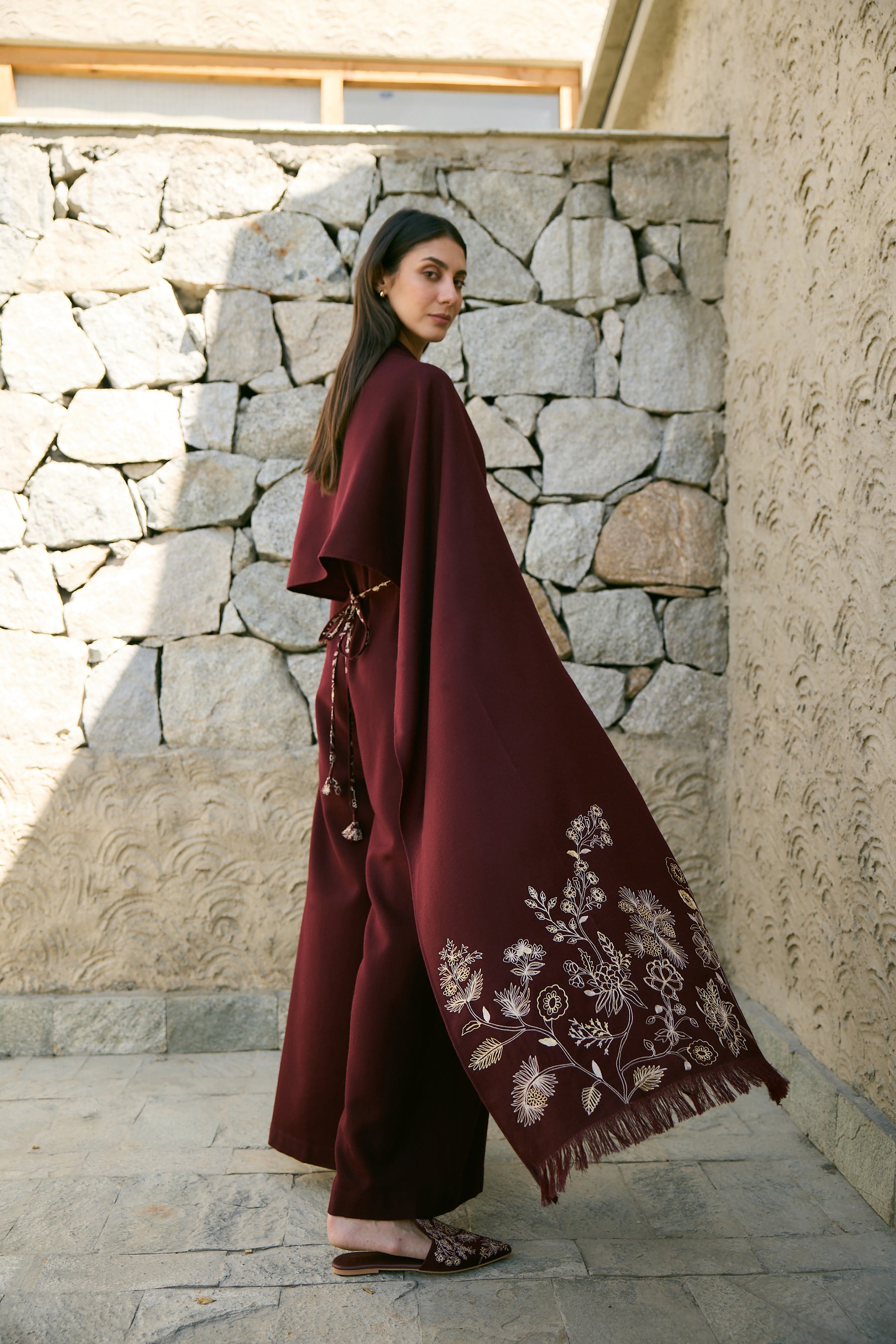 Meco Woollen Jumpsuit with Woollen Shawl (Merlot)