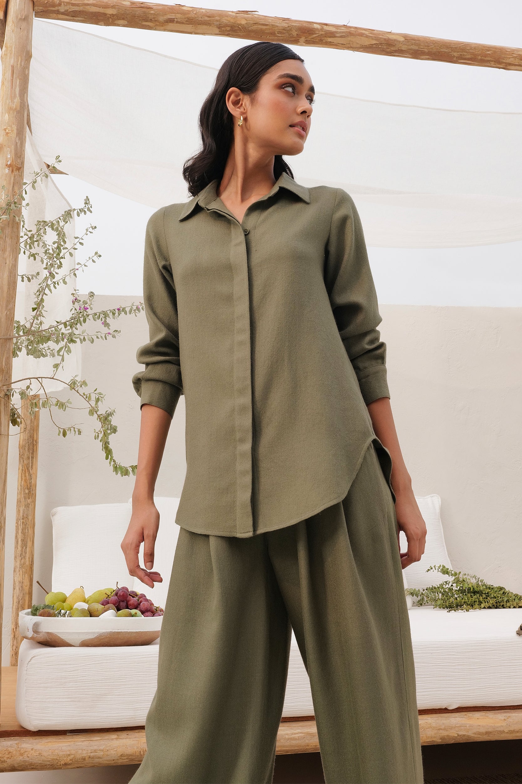Moss Color Button Down Collar Natural Wool Shirt
