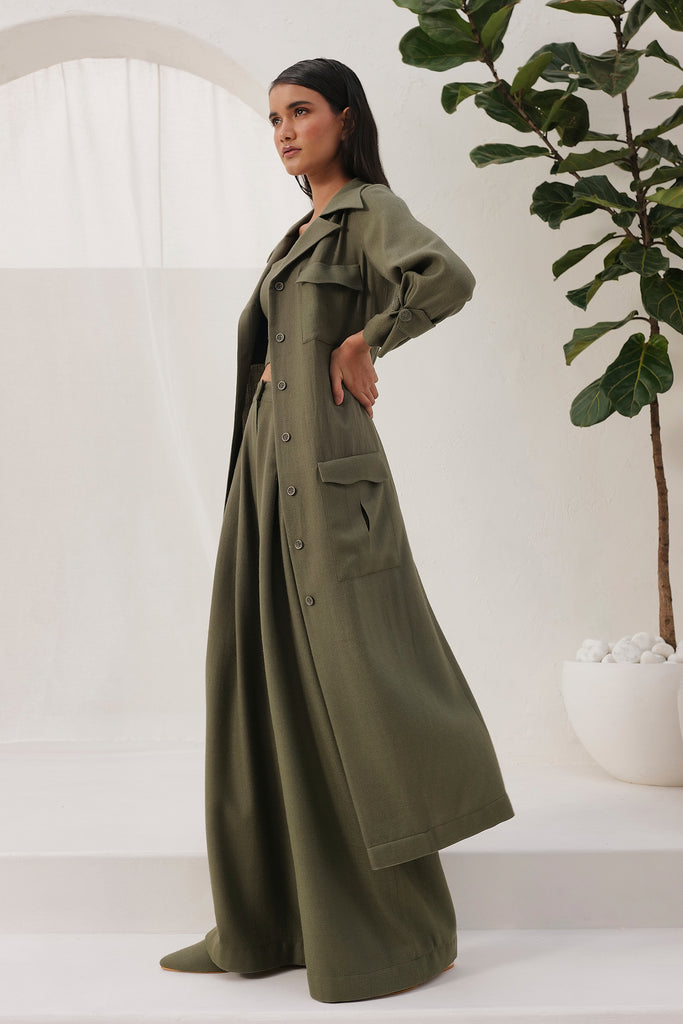 Moss Midi Length Woollen Trench With Scrunched Cuffs, Back Slit And A Waist Belt