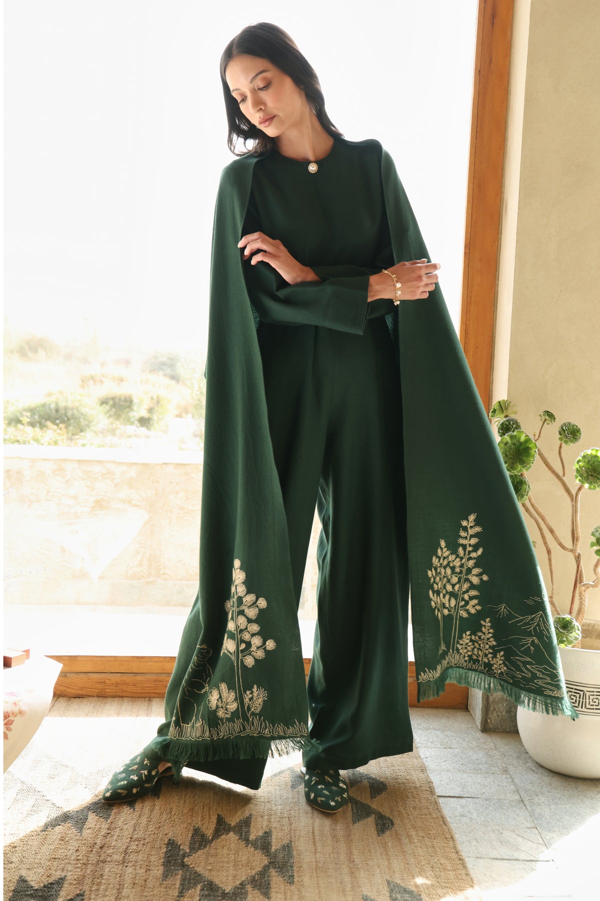 Evergreen Woollen Jumpsuit (Forest Pine) & Evergreen Woollen Shawl (Forest Pine)