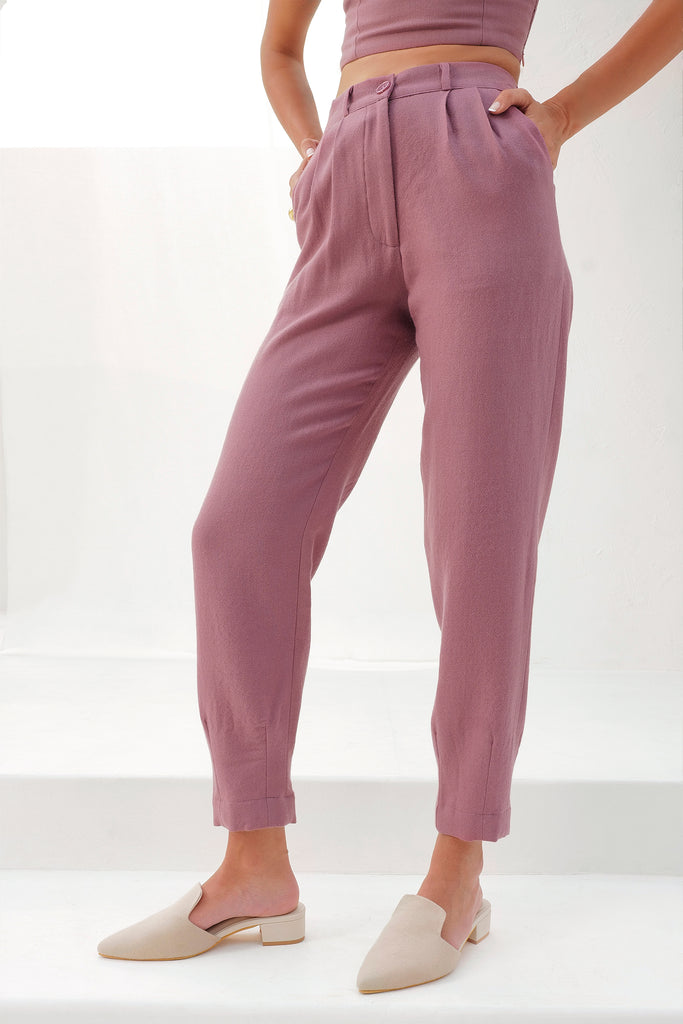 Winterberry Tapered Carrot Pants | Front Belt With Button And Side Pockets
