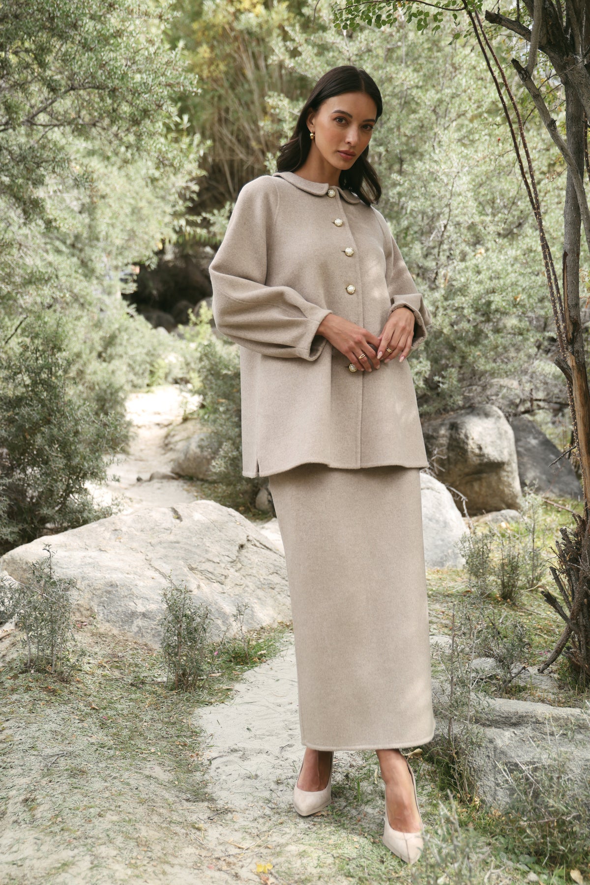 Cashmere-Silk-Merino Blend Kitten Collar Coat (Winter Oat) & Cashmere-Silk-Merino Blend Column Skirt (Winter Oat)