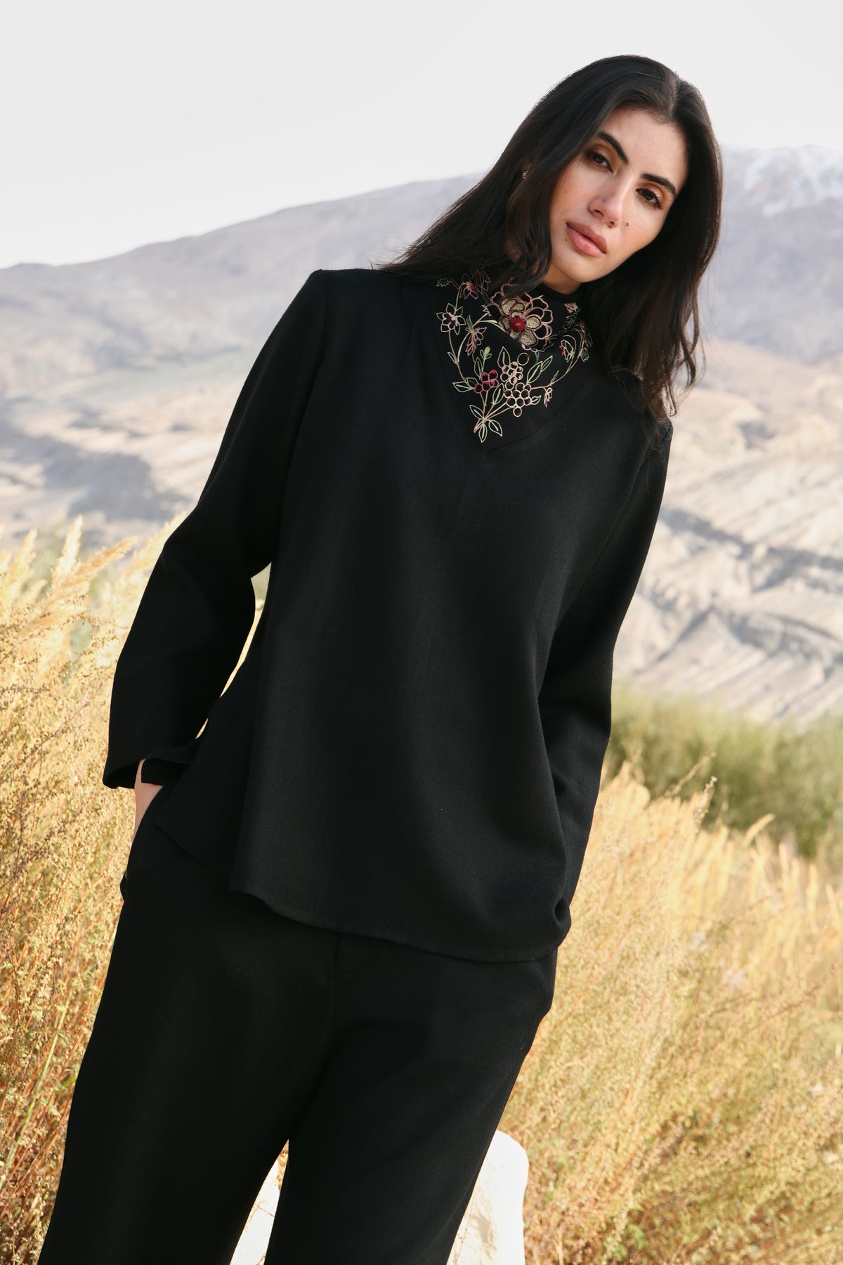 Winter Hush Button Scarf Top (Black) & Laha Woollen Pants (Black)