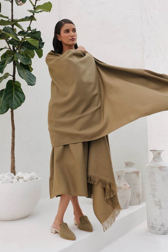 Clay Color Midi Woollen Dress With Lightwight Clay Woollen Shawl