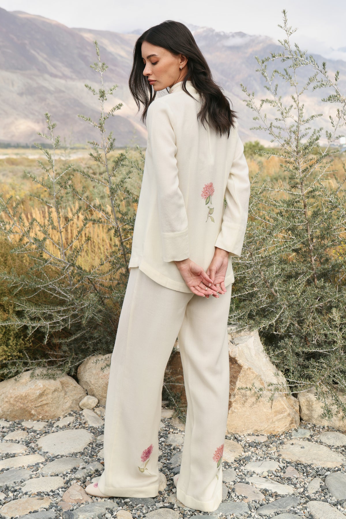 Winter Hush Scarf Woollen Top & Autumn Bloom Woollen Pants (Ivory Alpine Botanics)