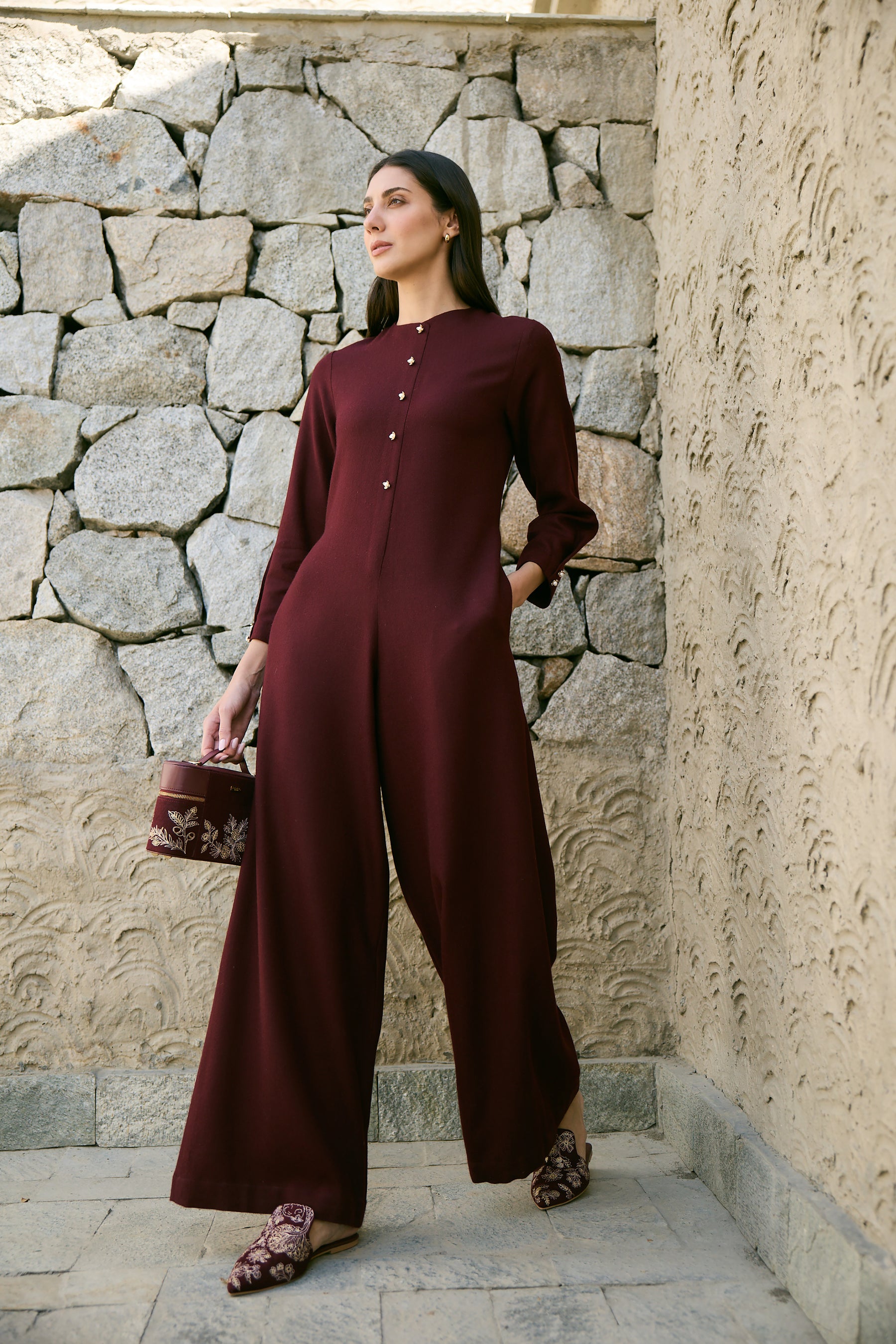 Meco Woollen Jumpsuit with Woollen Shawl (Merlot)