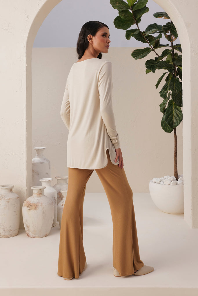 Sand Linen Look Ruched V Back Wide Leg Trousers | PrettyLittleThing