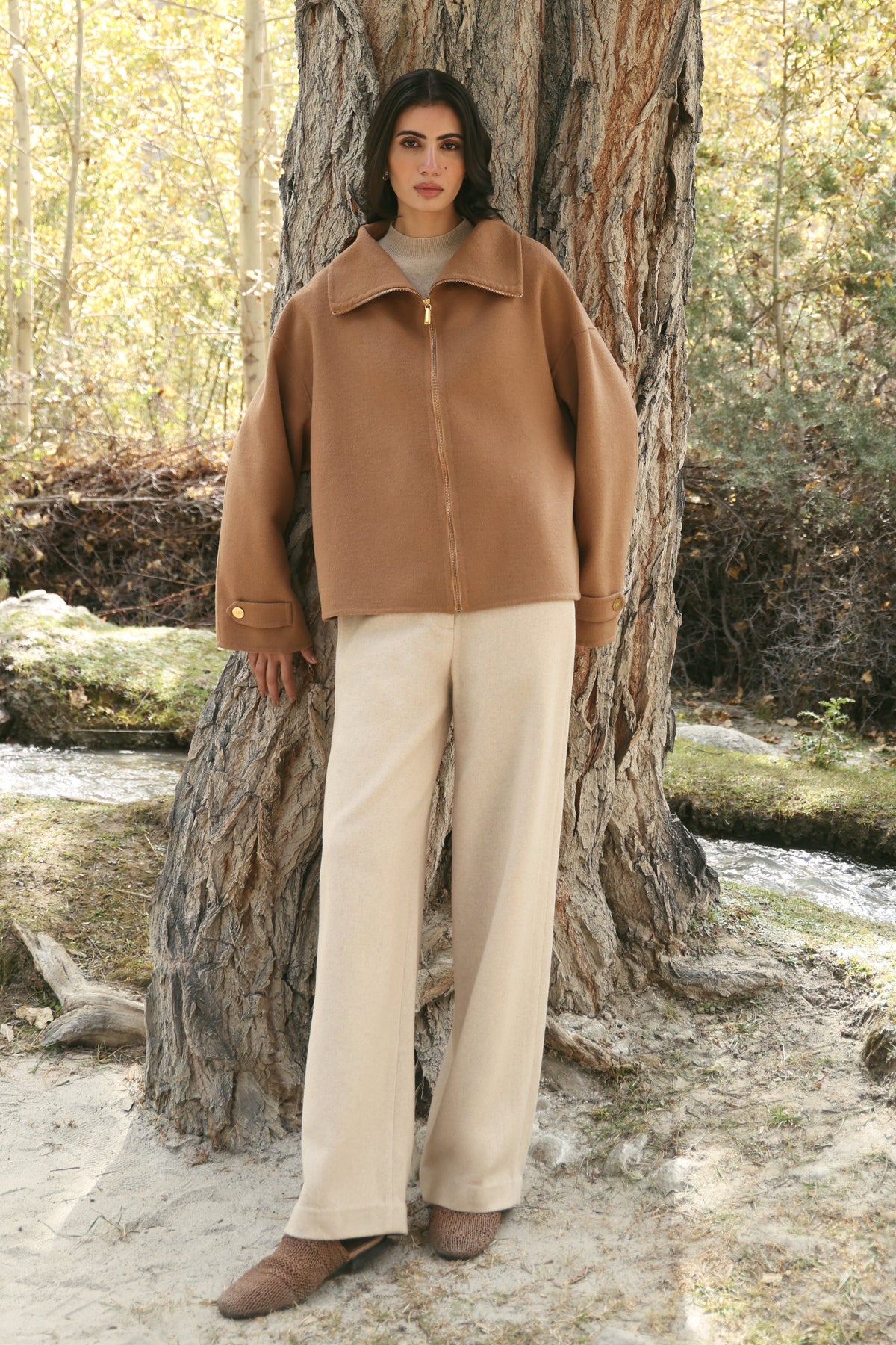 Merino Wool Blend High Neck Zip Up Jacket (Caramel)