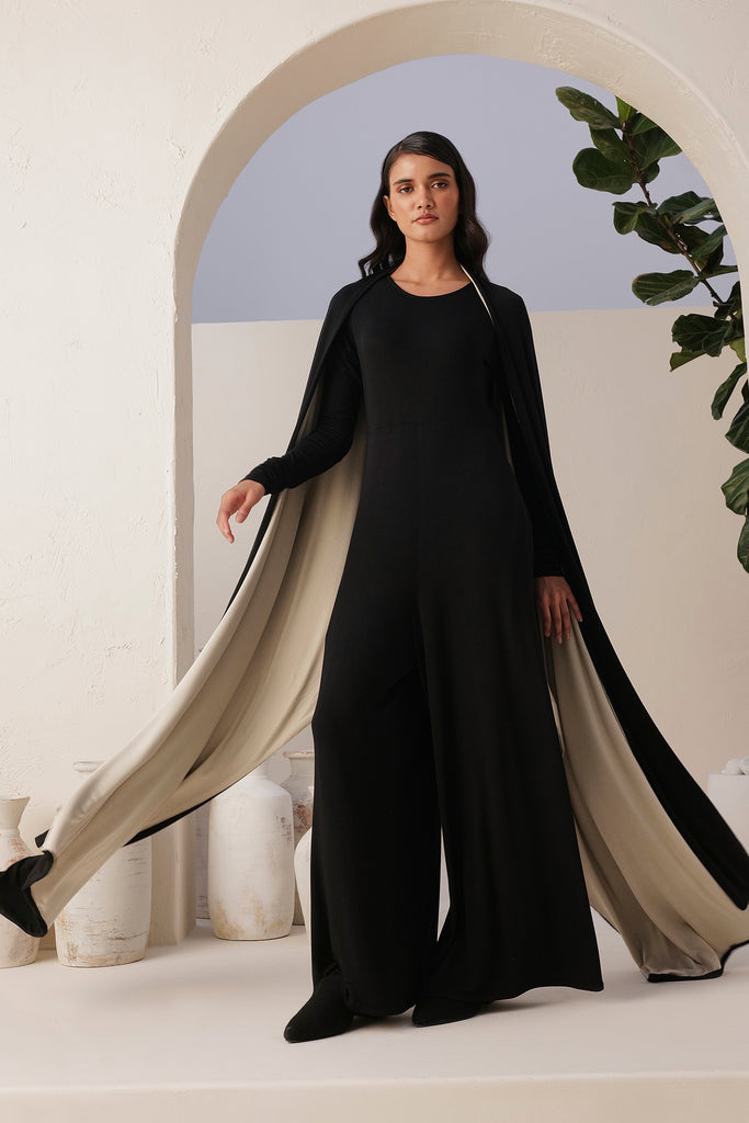 Black Jumpsuit With Black & Natural Reversible Shawl In Sand Skin Fabric