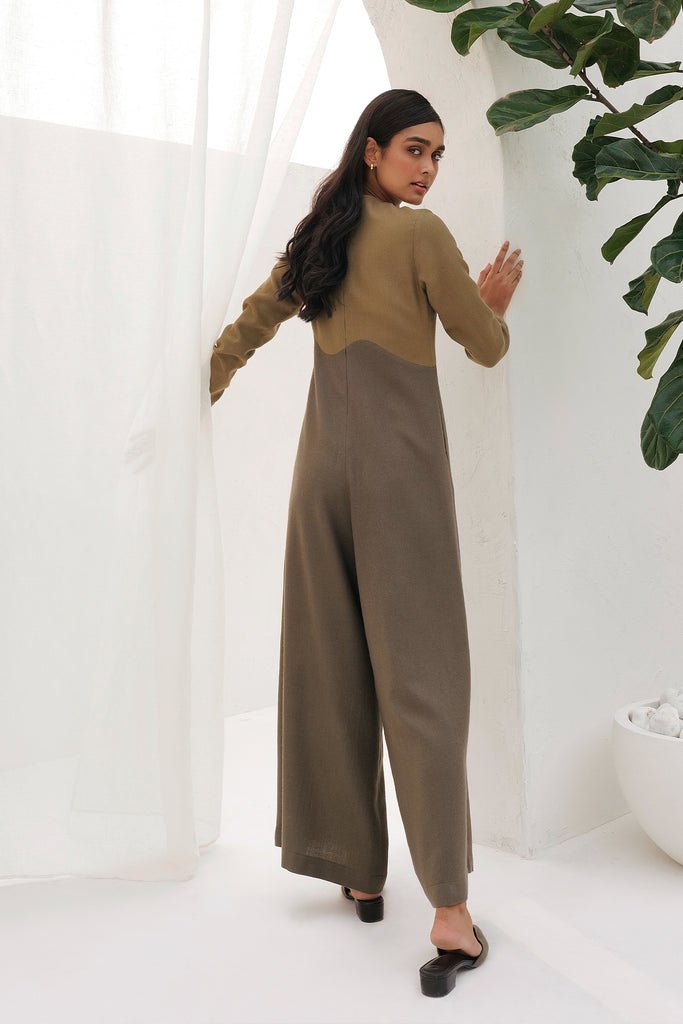 Dual Toned  Woollen Jumpsuit In Clay And Taupe With A Sway Waist Detailing & Side Pocket