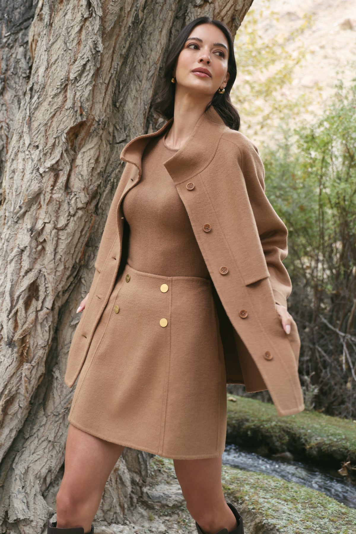 Outlands Merino Wool Blend Trench Jacket (Caramel) & Merino Wool Blend Short Skirt (Caramel)