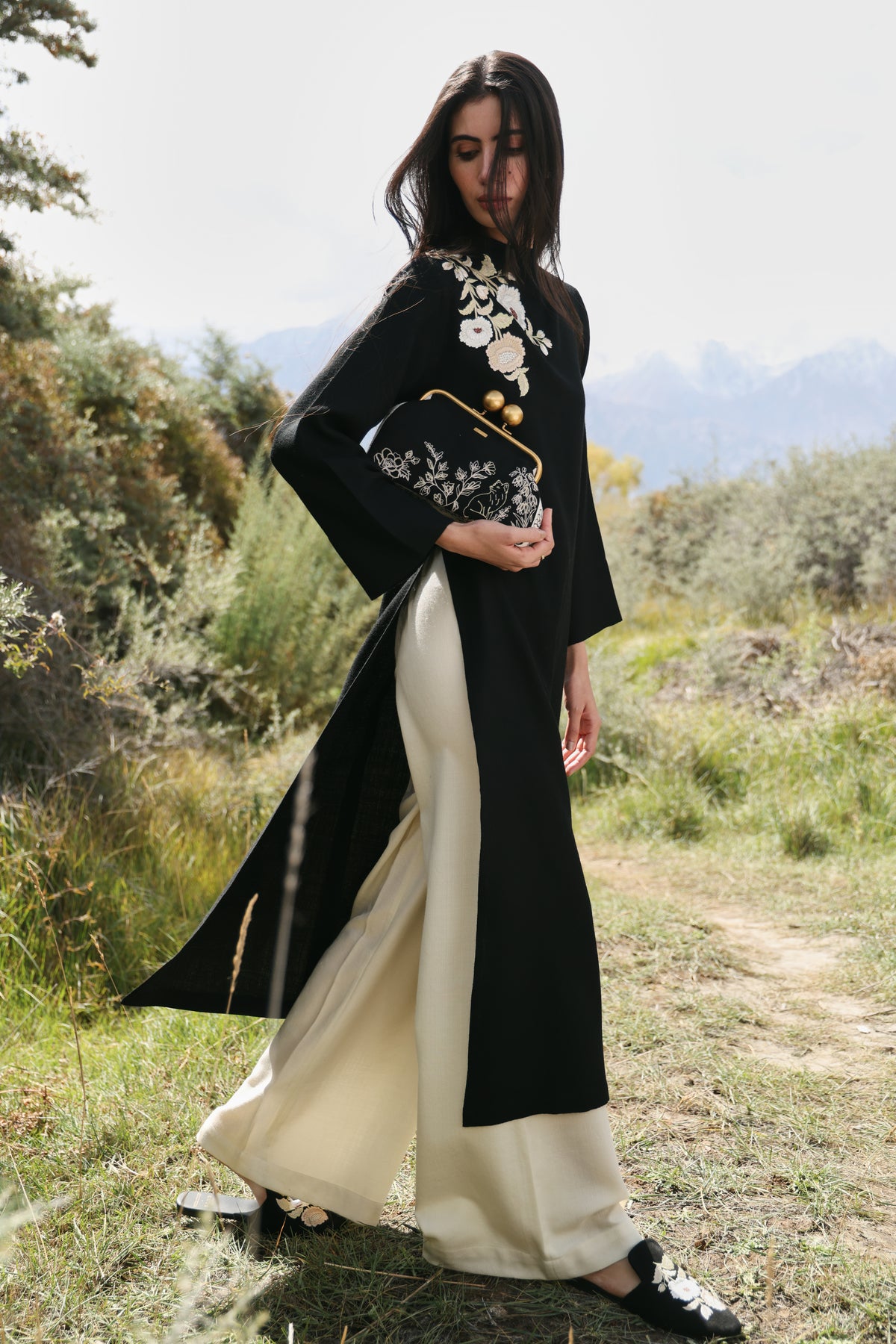 Nightfall Long Woollen Top (Black) & Laha Woollen Pants (Ivory)