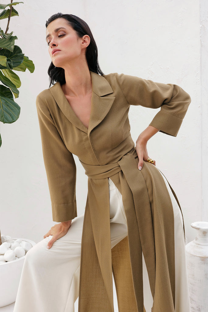 Clay Color Long Woollen Shirt In High Side Slits & Half Defined Lapel Neck With Waist Belt