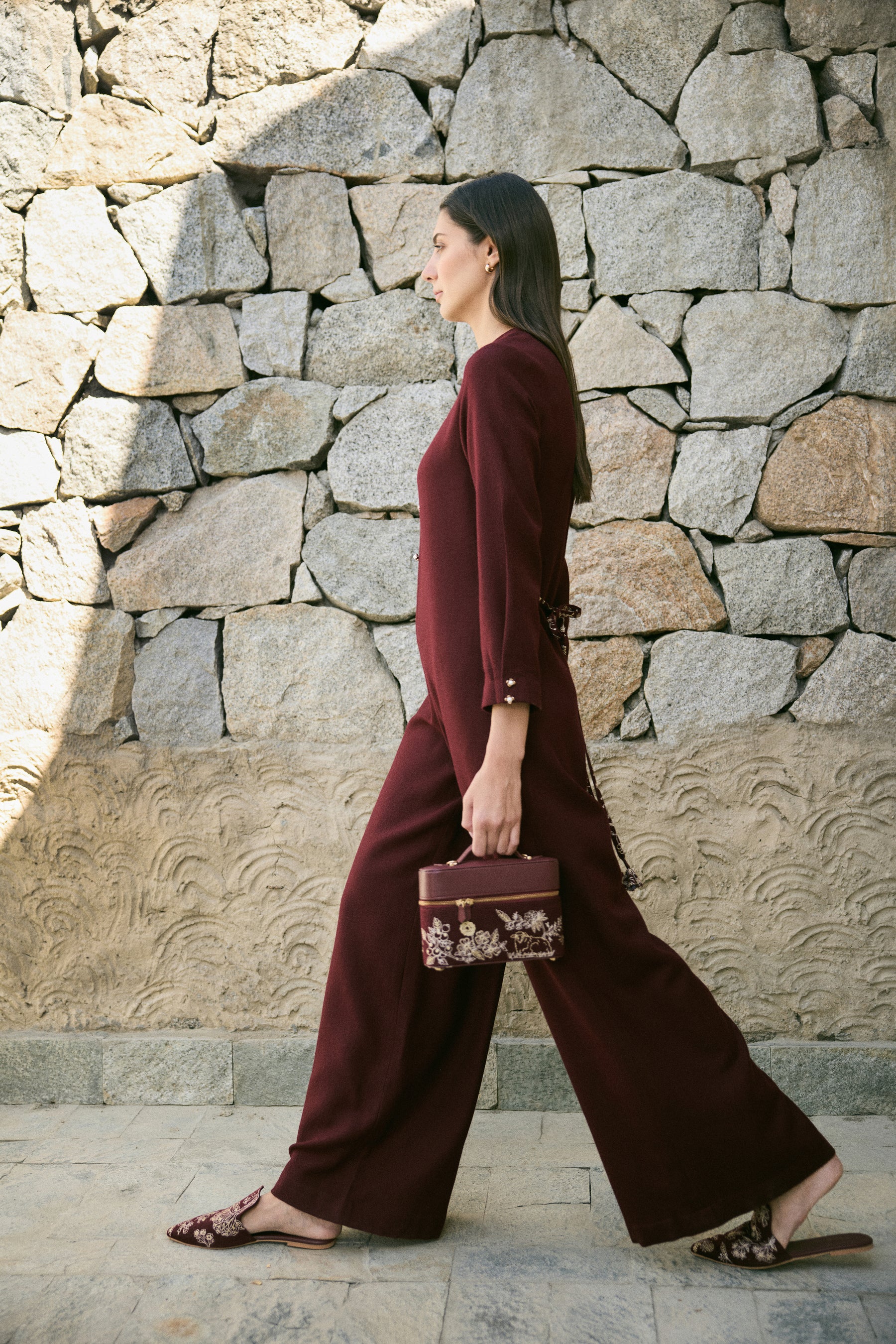 Meco Woollen Jumpsuit with Woollen Shawl (Merlot)