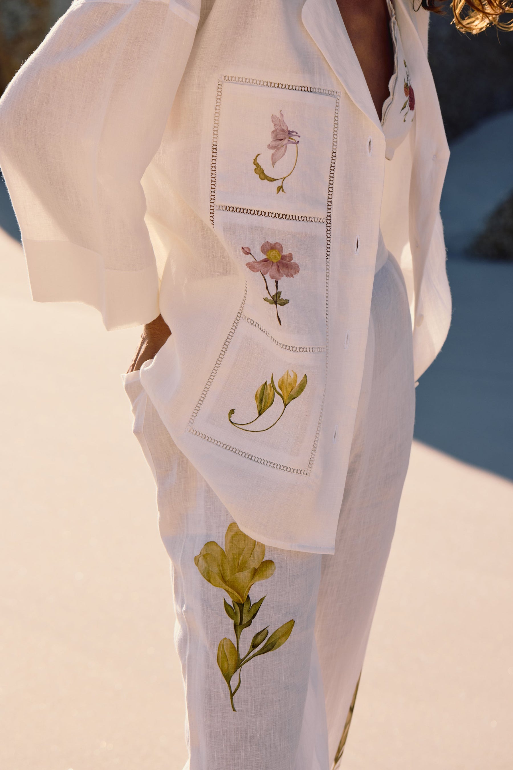 SAND Linen Savanna Shirt (White Floral & Lace) & SAND Savanna Pants (Floral White)
