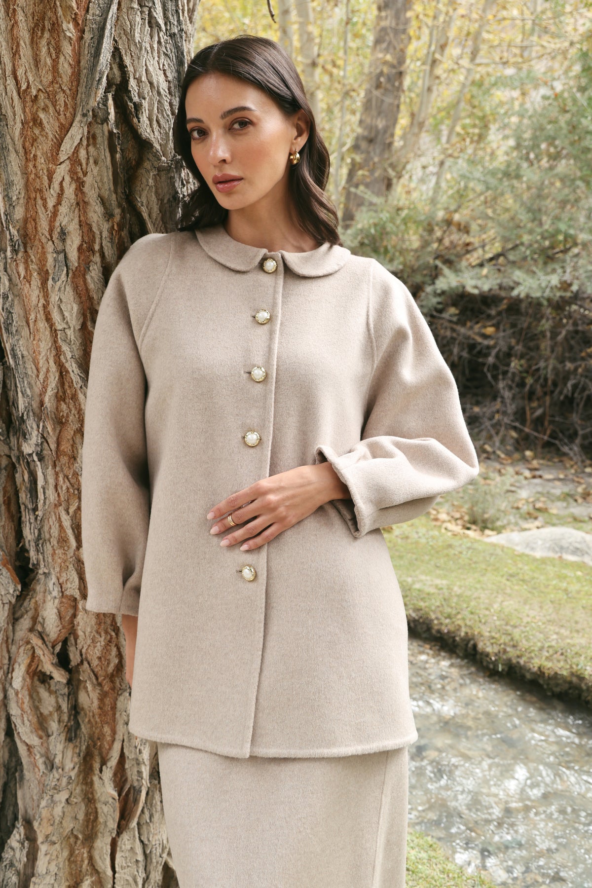 Cashmere-Silk-Merino Blend Kitten Collar Coat (Winter Oat) & Cashmere-Silk-Merino Blend Column Skirt (Winter Oat)