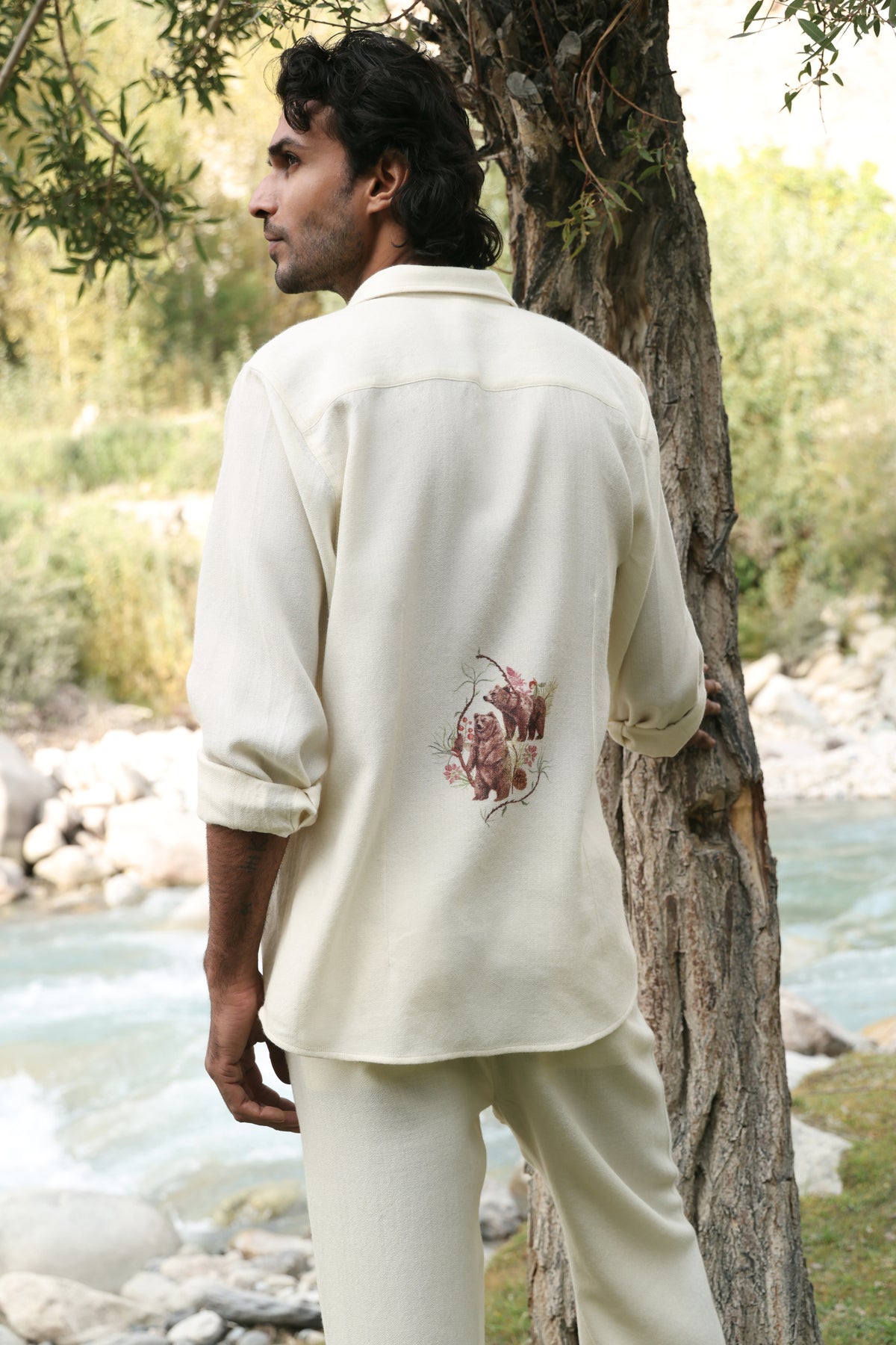 Himalayan Brown Bear Print Woollen Shirt - MAN (Alpine Botanics) & Baral Woollen Pants- MAN (Ivory)