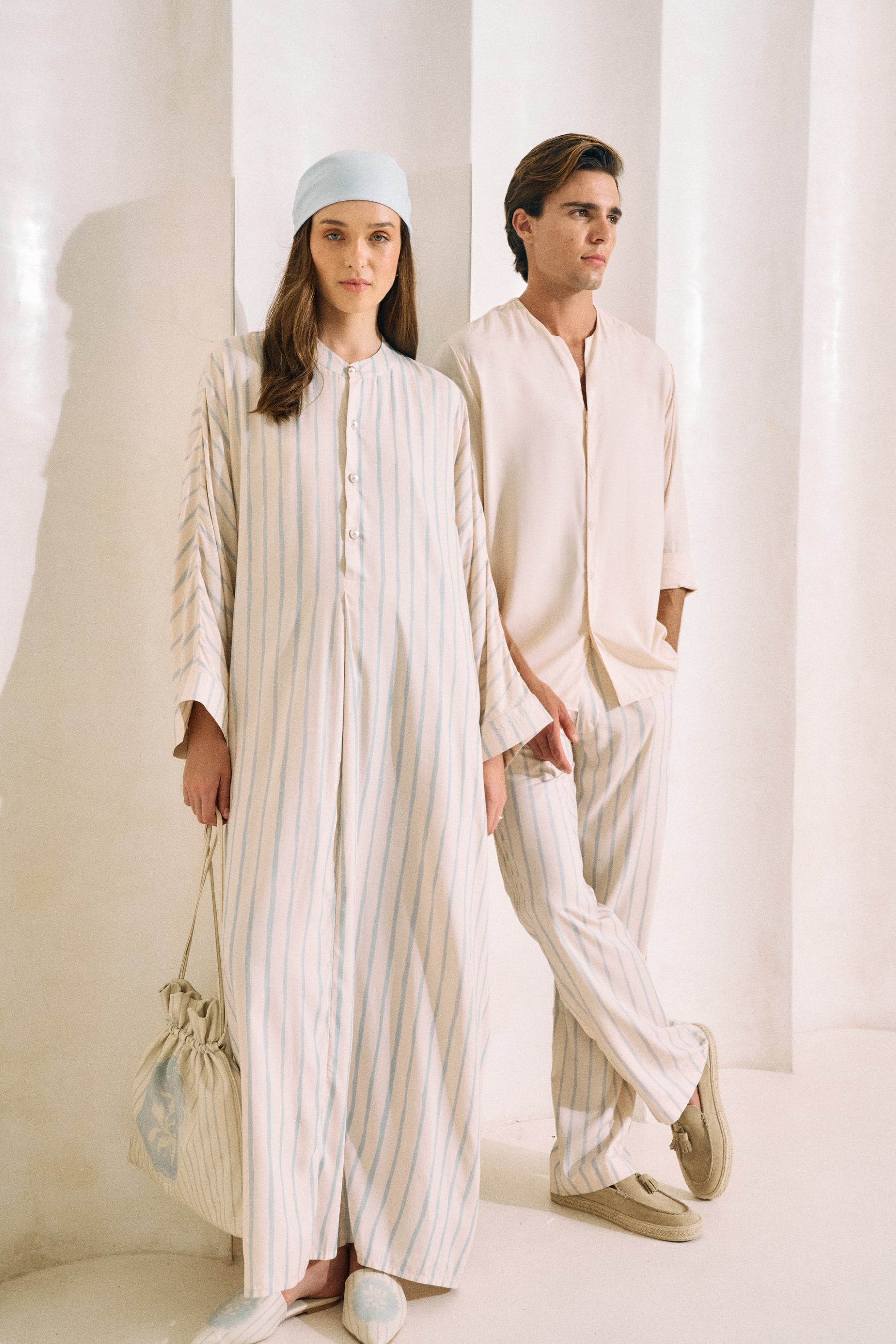 Oasis Eucalyptus Shirt (Ecru & Spring Blue) & Oasis Print Pants- Man (Spring Blue Stripe)