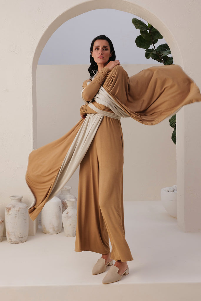 Sand Jumpsuit With Sand & Natural Reversible Shawl In Sand Skin Fabric