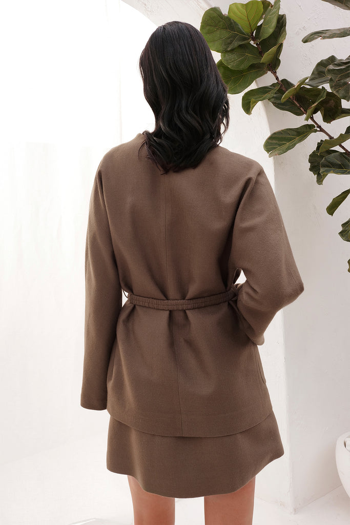 Taupe Woollen Blazer Jacket Paired With Woollen short skirt