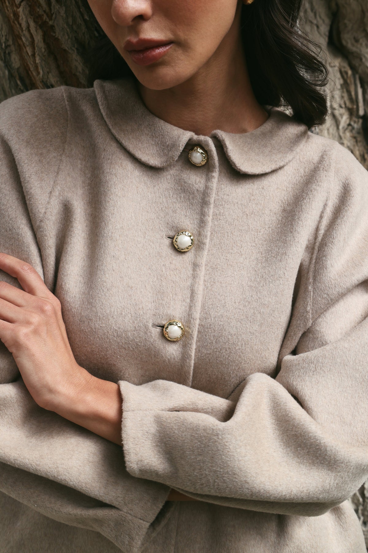 Cashmere-Silk-Merino Blend Kitten Collar Coat (Winter Oat) & Cashmere-Silk-Merino Blend Column Skirt (Winter Oat)