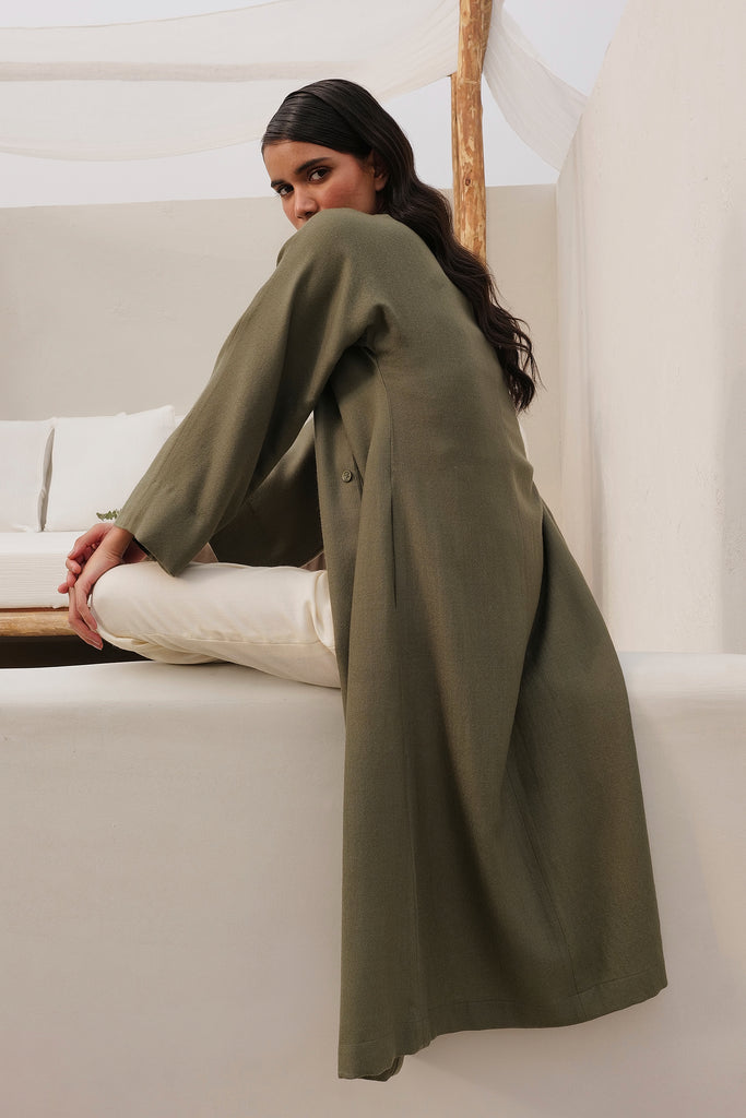 Moss Woollen Overlay In Wide Sleeves | Wide Sleeves Long Open Shrug Style Woollen Top