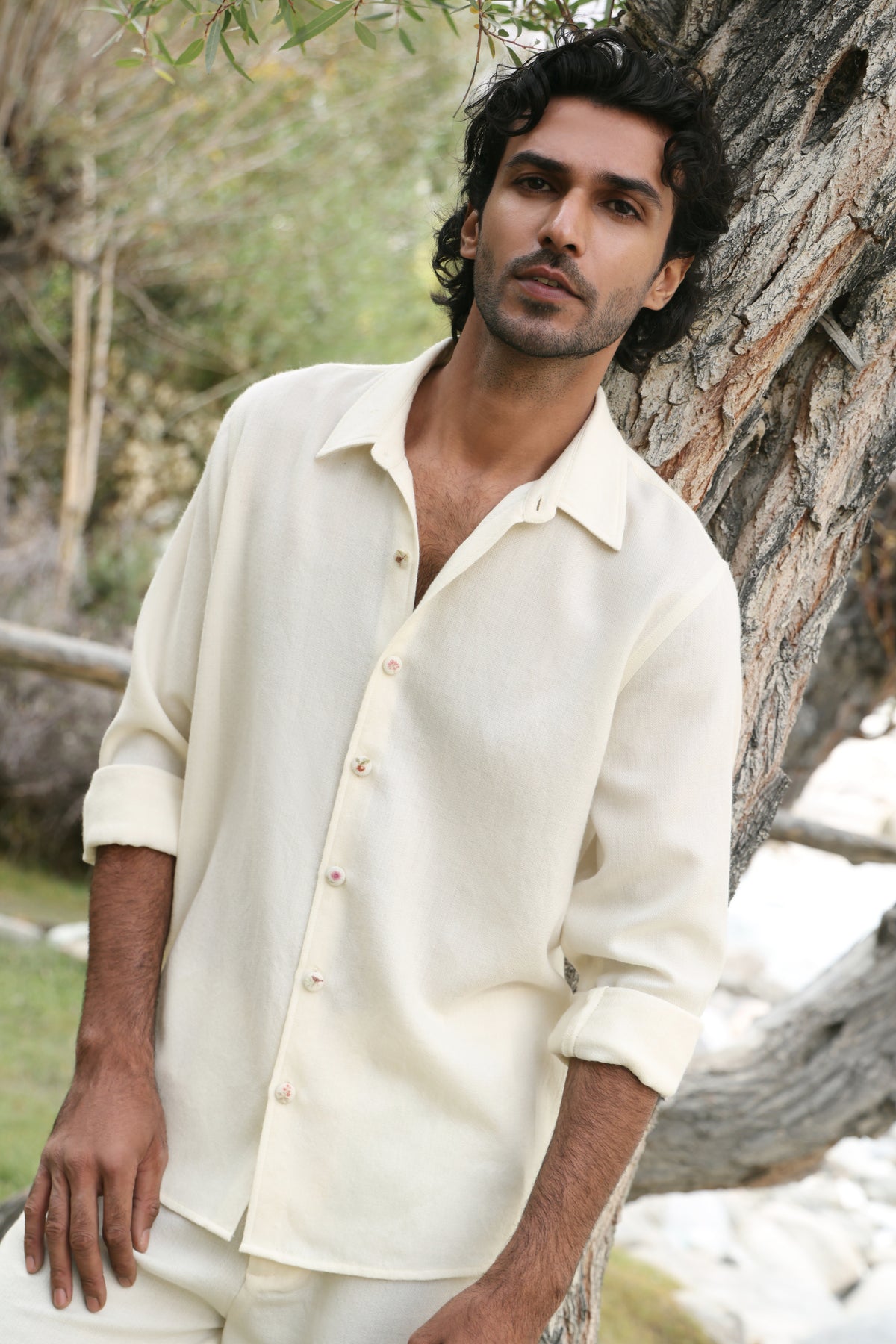 Himalayan Brown Bear Print Woollen Shirt - MAN (Alpine Botanics) & Baral Woollen Pants- MAN (Ivory)