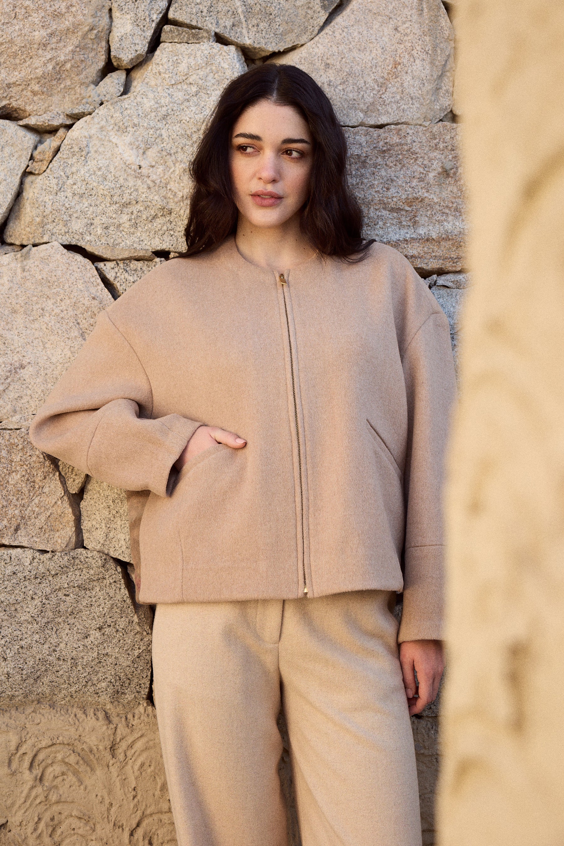 Merino Wool Blend Zip Up Jacket (Oatmeal)