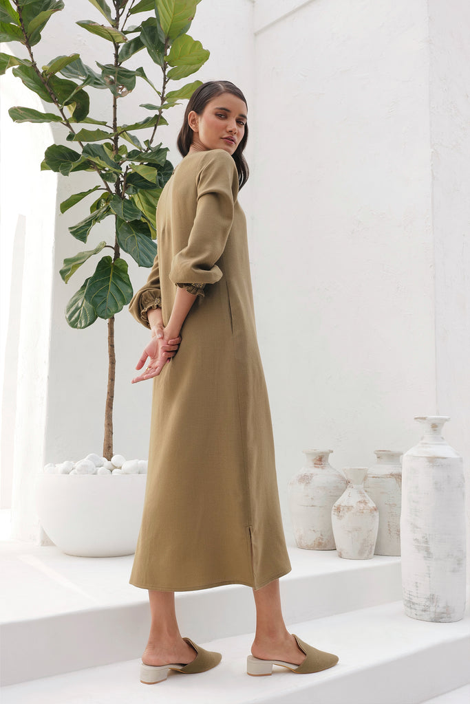 Clay Colored Relaxed Fit Midi Woollen Dress With Elasticated Cuff Sleeves