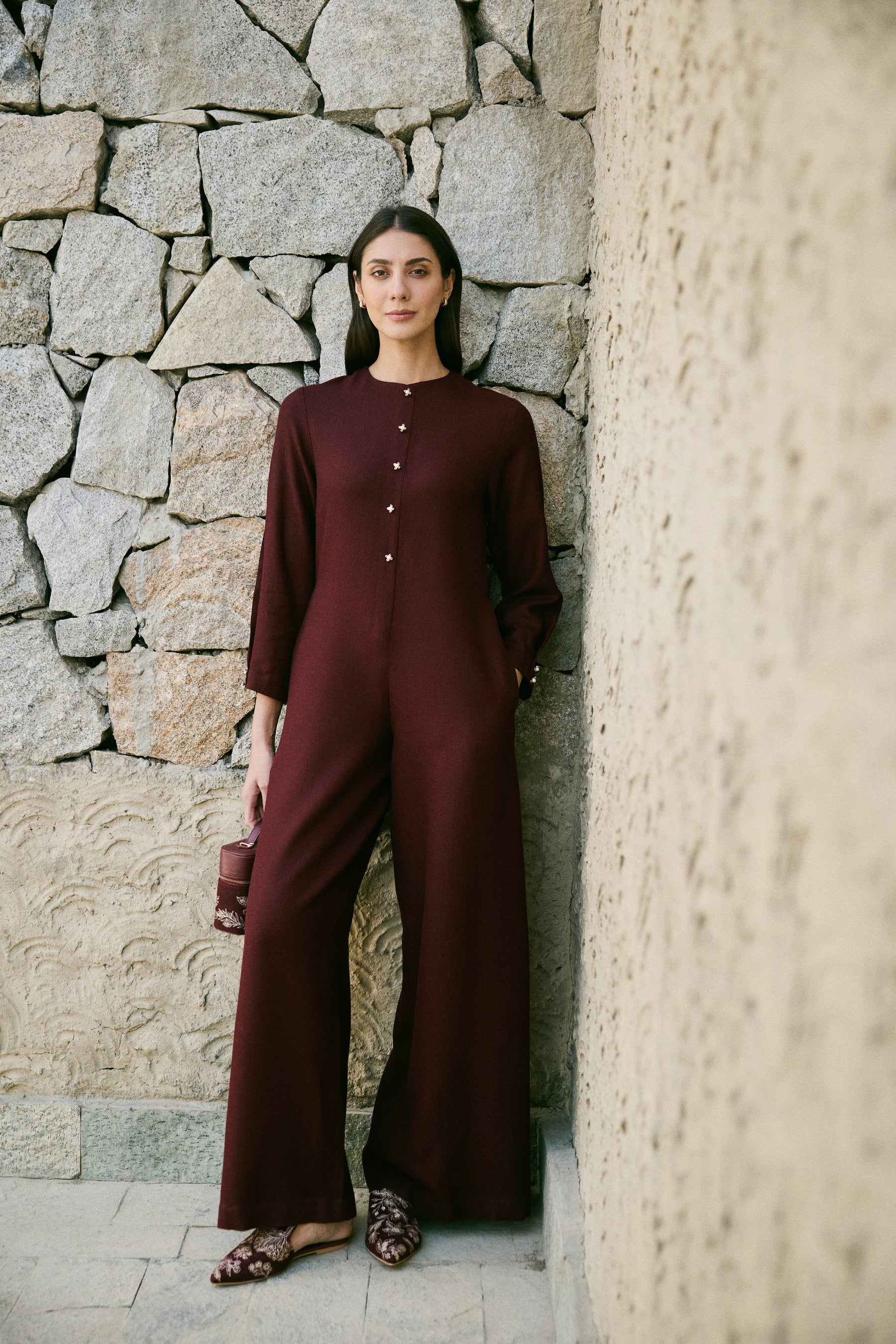 Meco Woollen Jumpsuit with Woollen Shawl (Merlot)