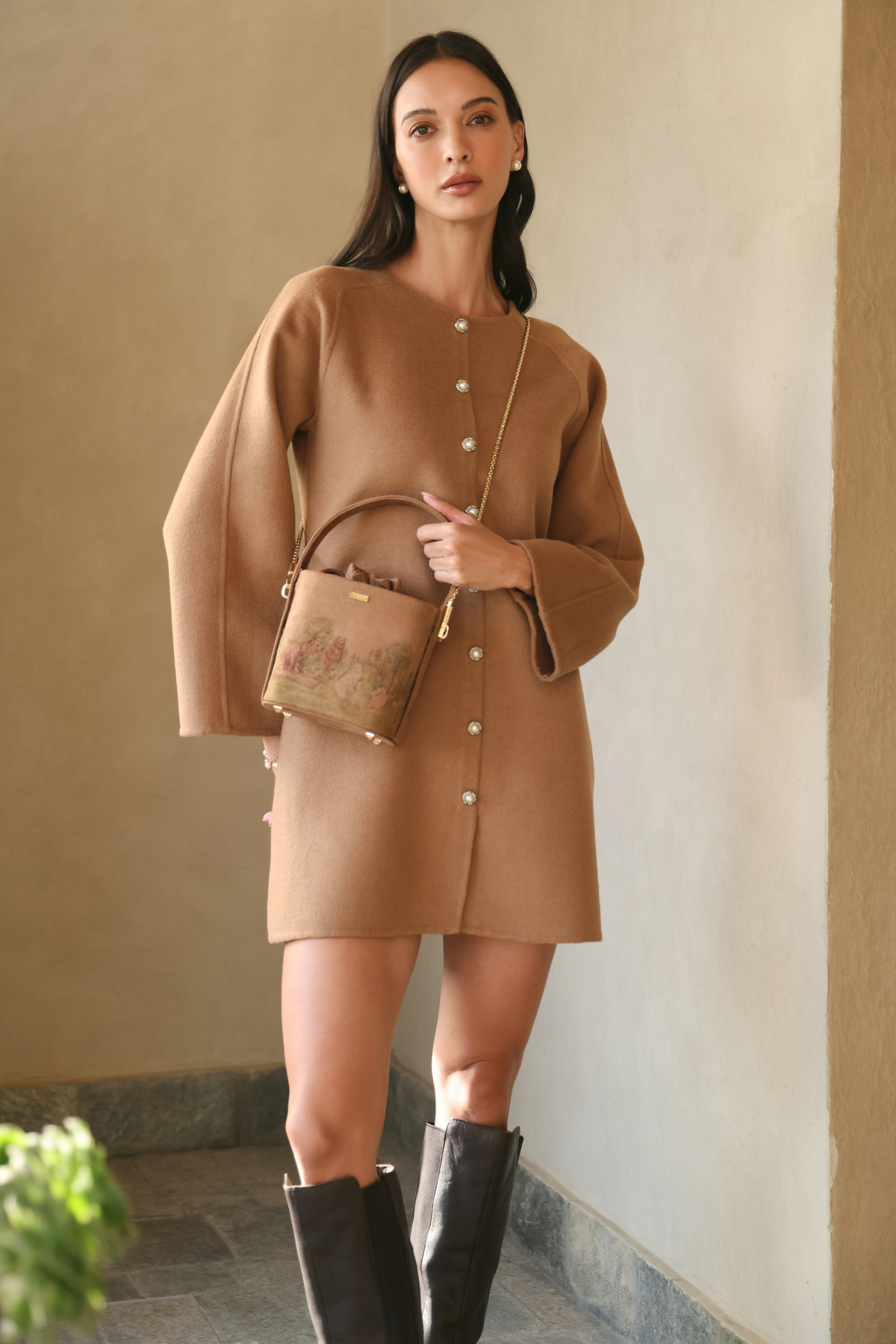 Merino Wool Blend Front Button Short Dress (Caramel)