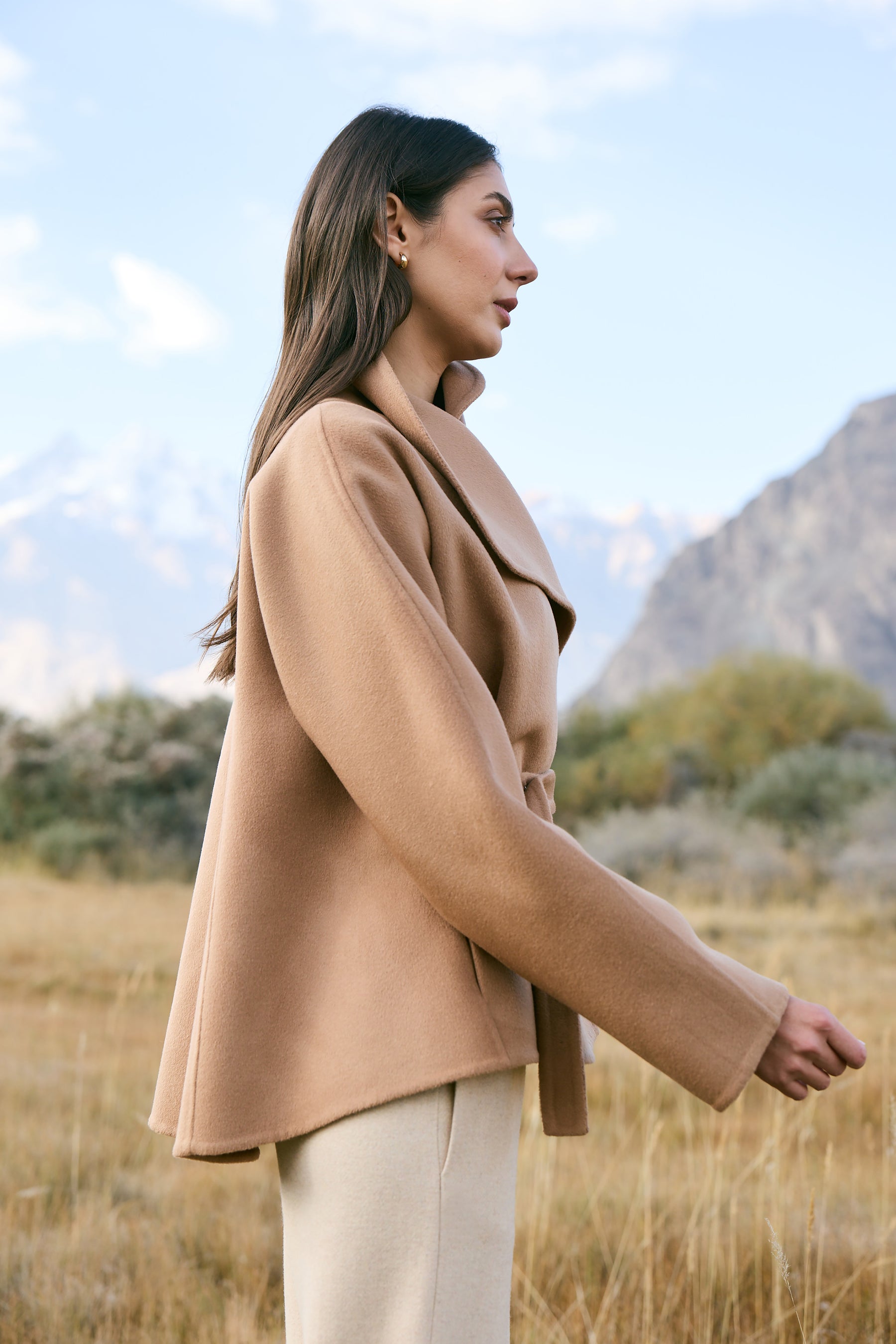 Cashmere-Silk-Merino Blend Wrap Coat (Warm Honey)