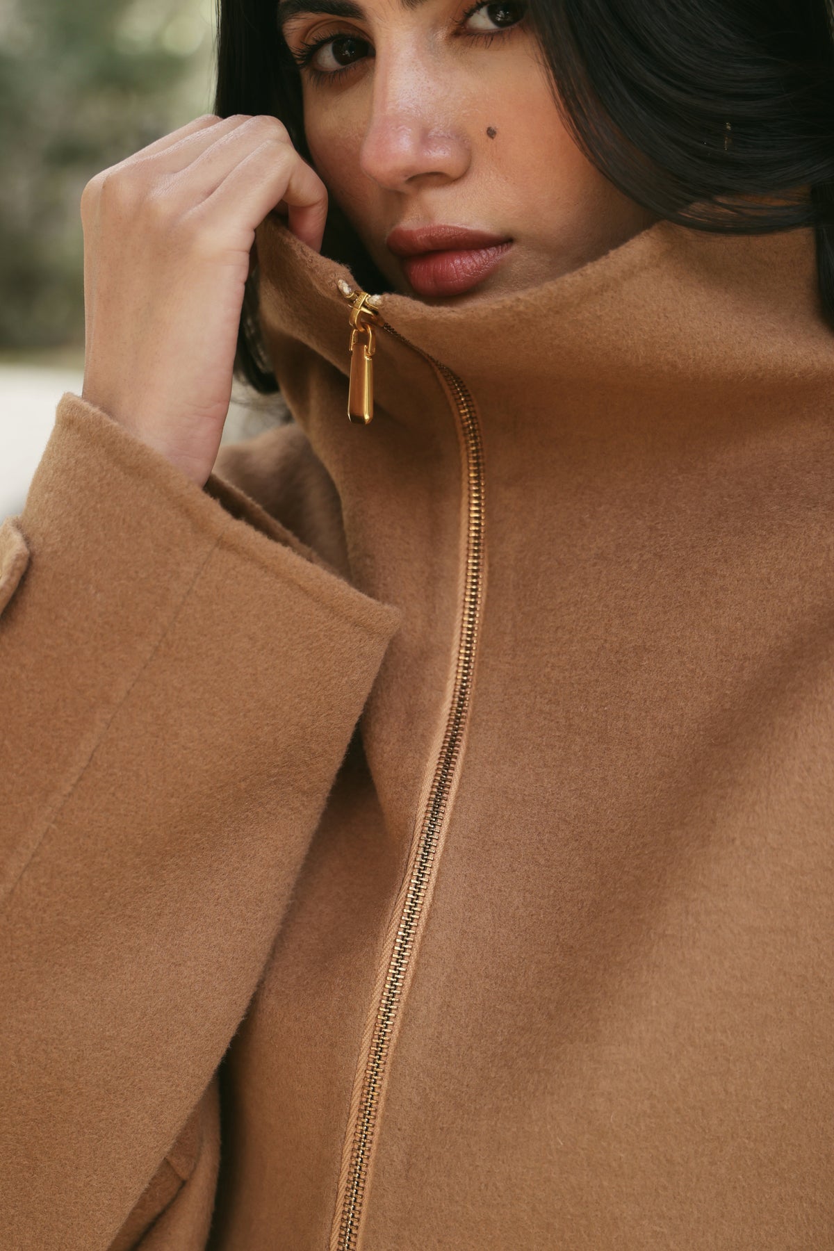 Merino Wool Blend High Neck Zip Up Jacket (Caramel)