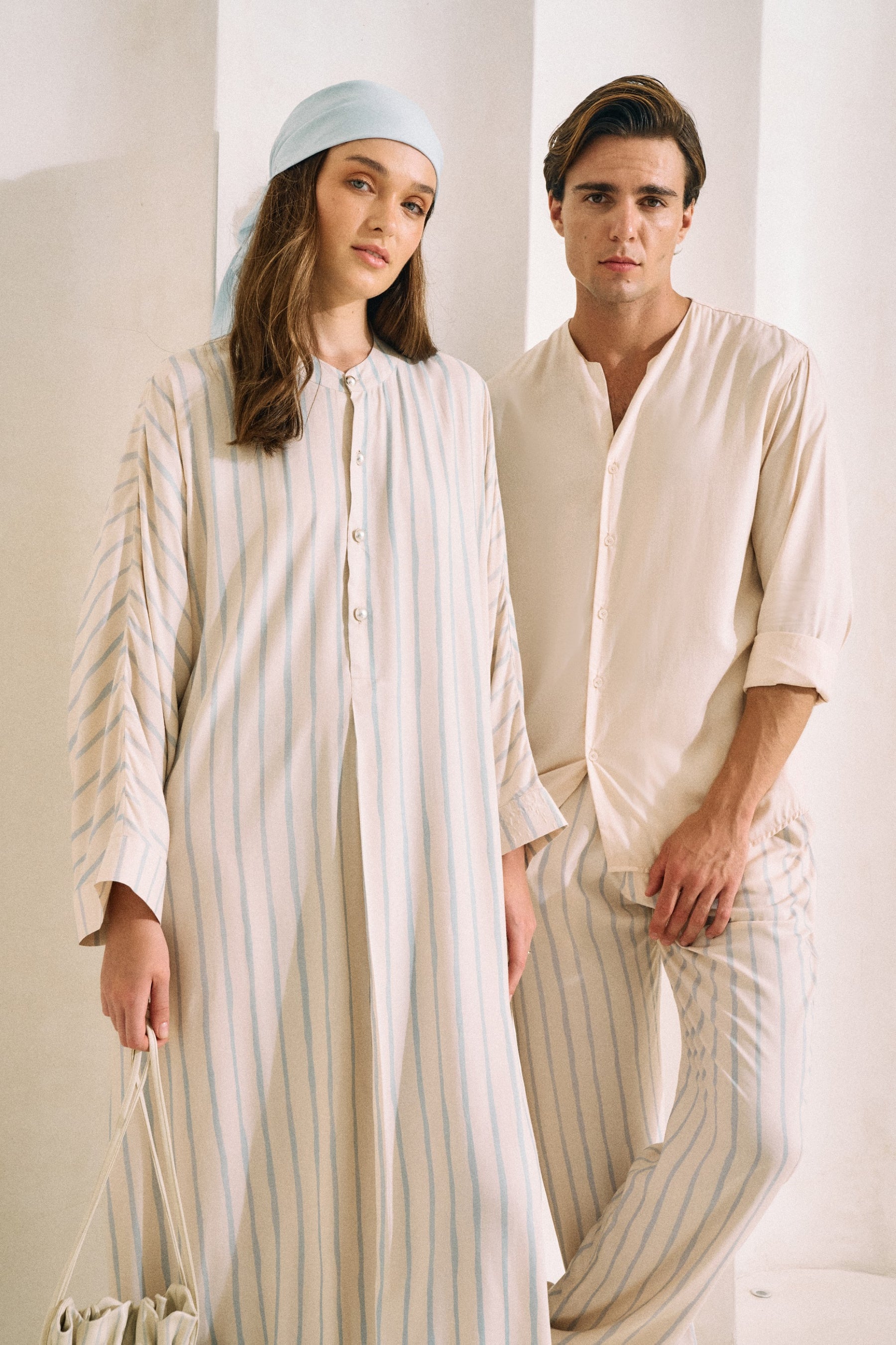 Oasis Eucalyptus Shirt (Ecru & Spring Blue) & Oasis Print Pants- Man (Spring Blue Stripe)