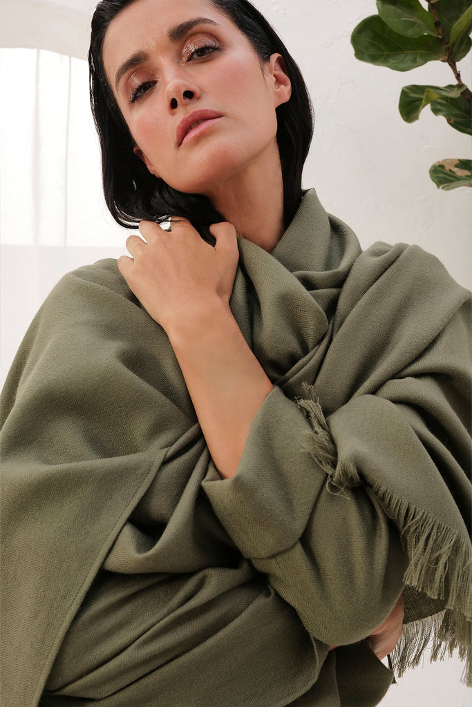 Moss Soft, Lightweight Woollen Shawl With Fringe Detailing At End