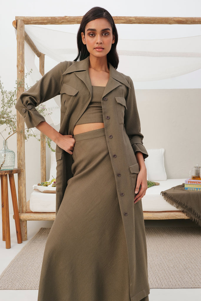 Taupe Woollen Midi Length Skirt Paired With Midi Length Woollen Trench