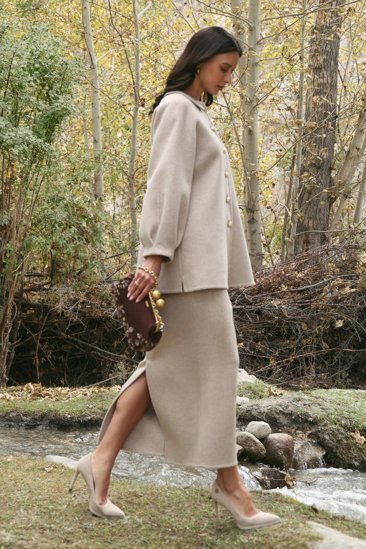 Cashmere-Silk-Merino Blend Kitten Collar Coat (Winter Oat) & Cashmere-Silk-Merino Blend Column Skirt (Winter Oat)