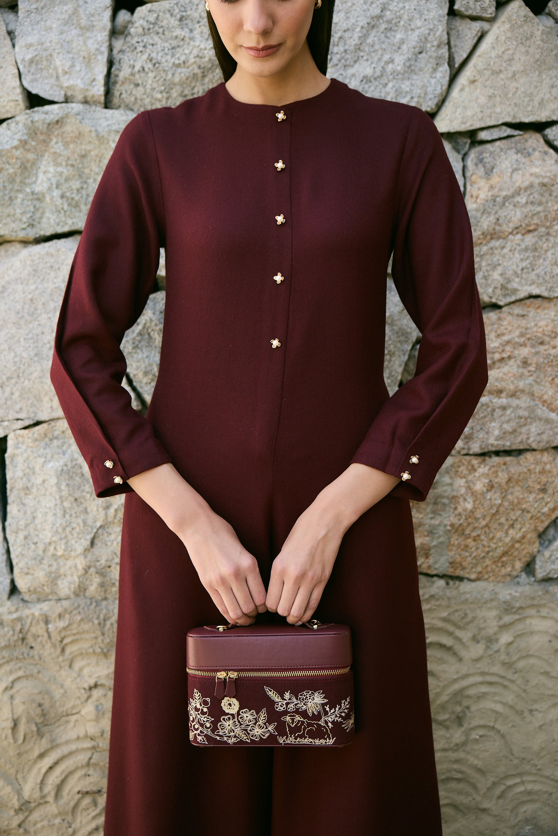 Meco Woollen Jumpsuit with Woollen Shawl (Merlot)