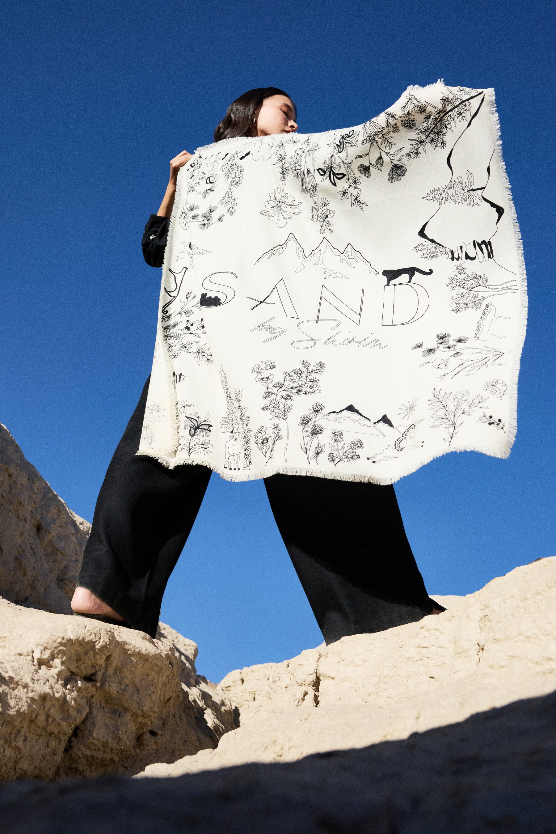 Zanskar Woollen Jumpsuit (Black) & Sand Iconic Woollen Himalayan Landscape Scarf (Ivory & Black)