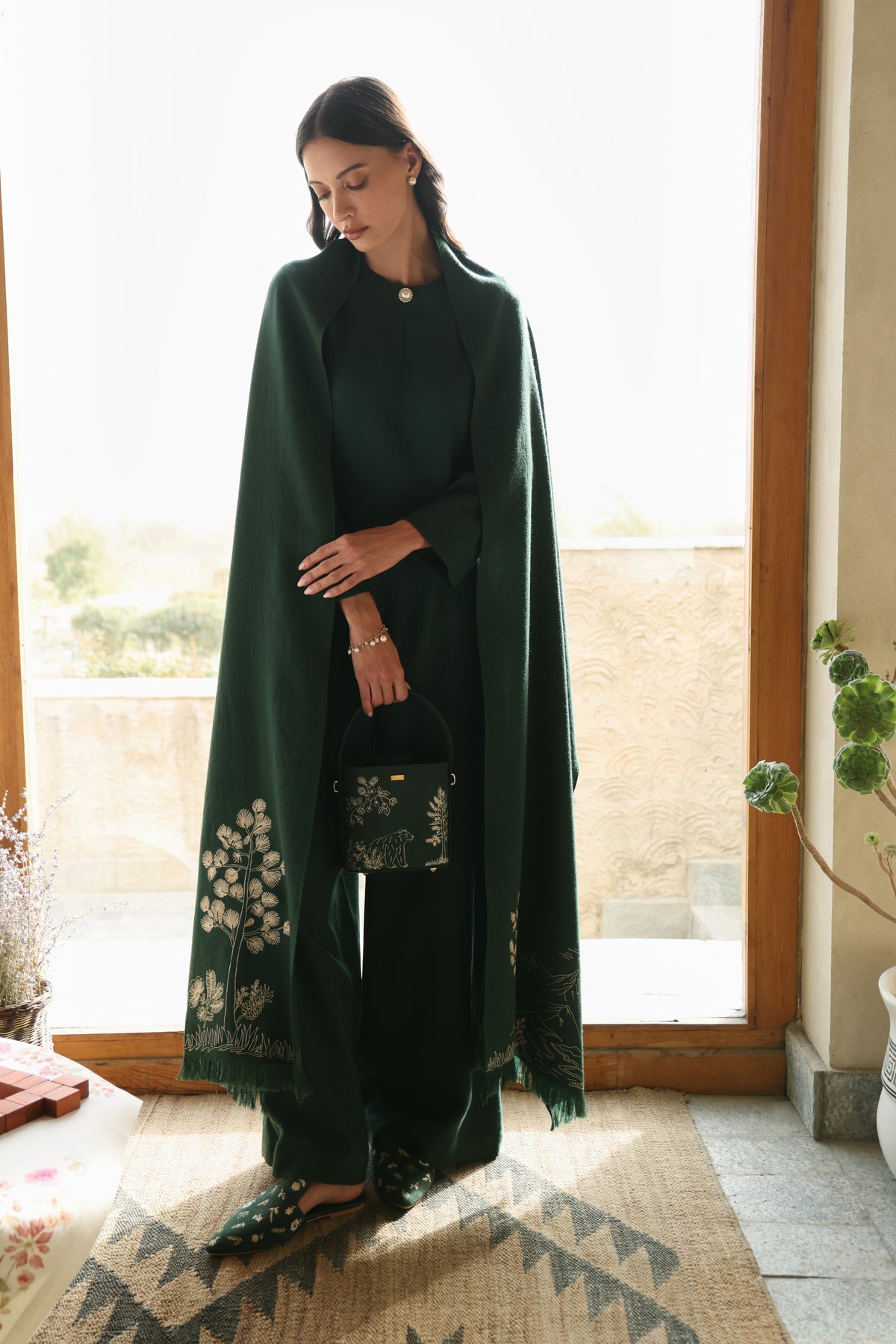 Evergreen Woollen Jumpsuit (Forest Pine) & Evergreen Woollen Shawl (Forest Pine)