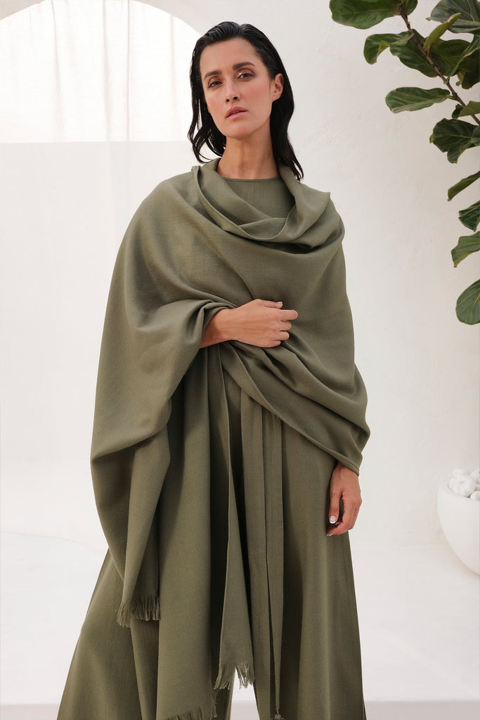 Moss Soft, Lightweight Woollen Shawl With Fringe Detailing At End