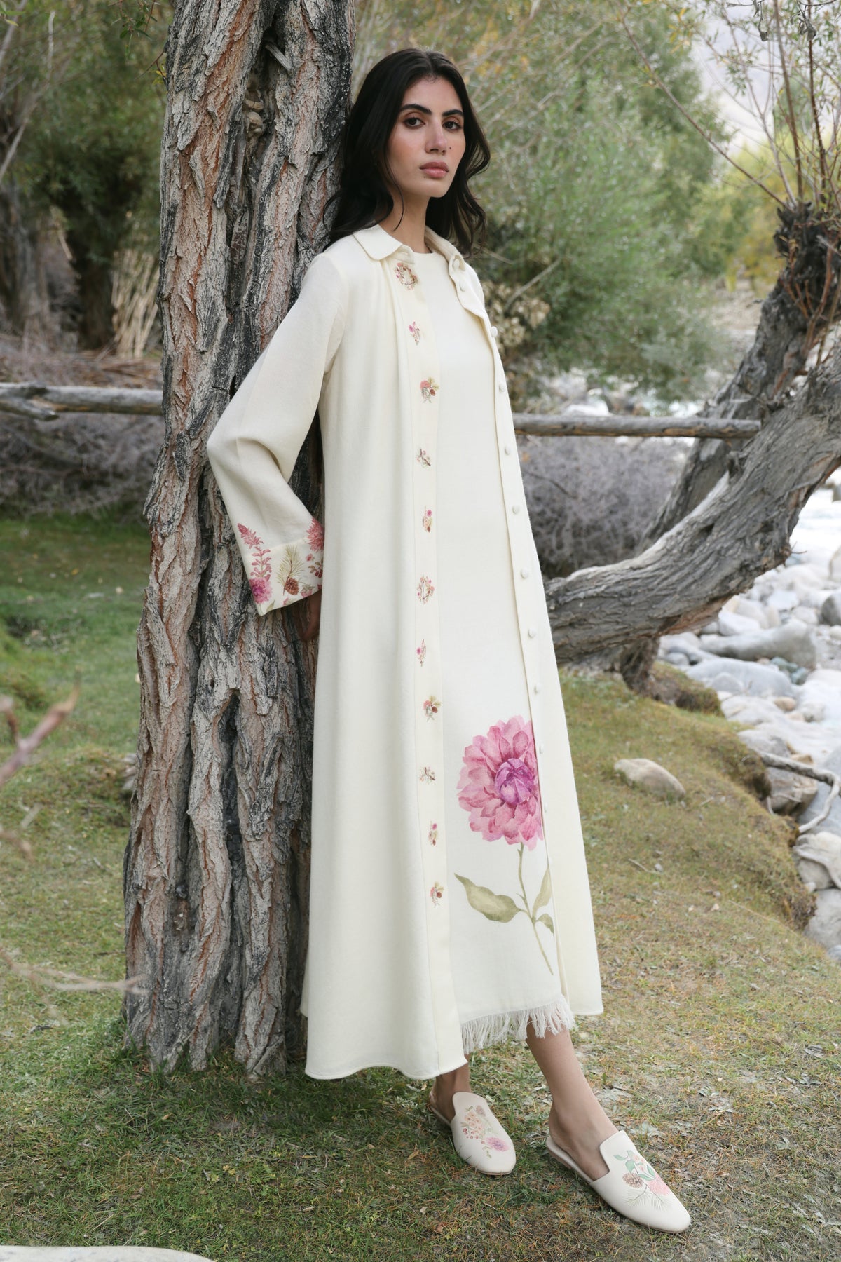 Autumn Bloom Woollen Long Shirt Dress (Ivory Alpine Botanics)