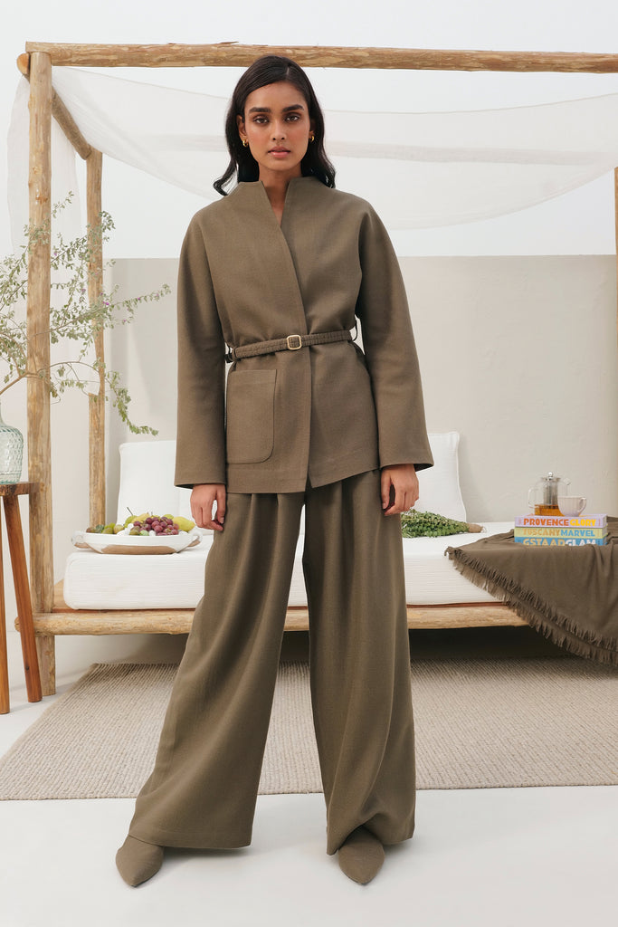 Taupe Colored Wide Legged Long Woollen Pants With Front Pleats And Side Pockets.