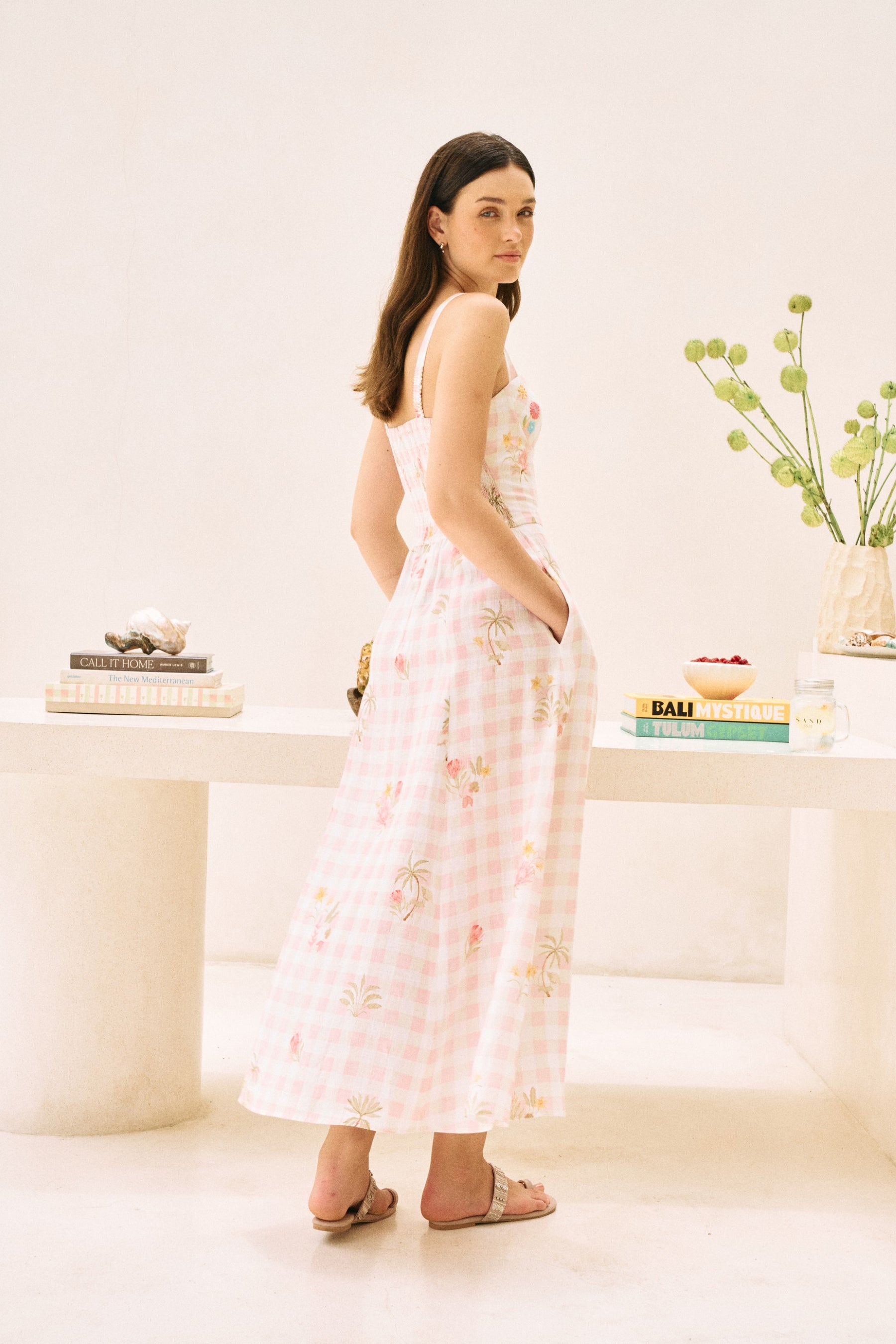 White Floral Print Flowy Linen Midi Postcard Dress