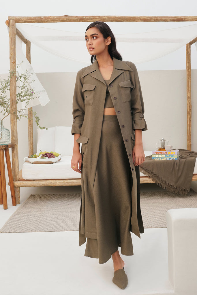 Taupe Woollen Midi Length Skirt Paired With Midi Length Woollen Trench