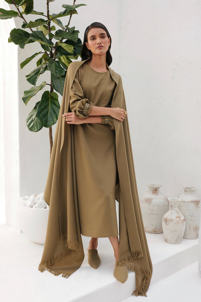 Clay Colored Relaxed Fit Midi Woollen Dress With Elasticated Cuff Sleeves